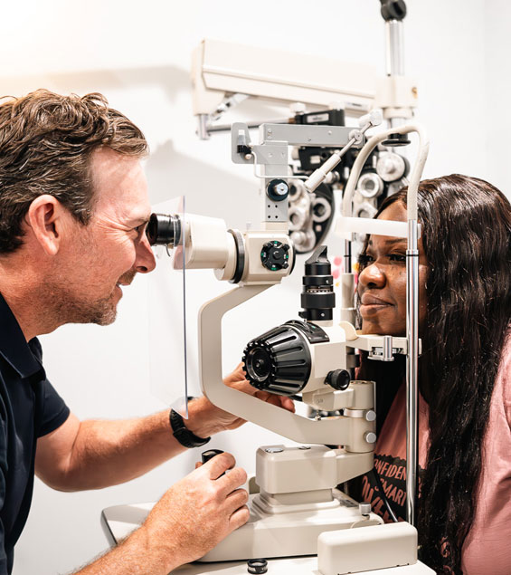 Woman receiving contact lens exam at Lowcountry Eye Care
